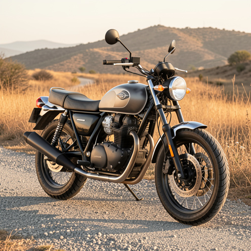 Moto compacte de style rétro, avec pneus larges et détails chromés, stationnée sur un chemin de gravier au bord de collines baignées par la lumière du soir.