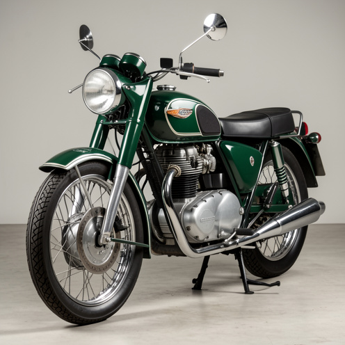 Moto rétro de style britannique, avec réservoir vert profond, détails chromés, moteur bicylindre et roues à rayons, photographiée en studio.