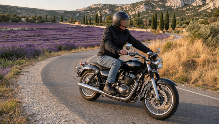 Moto cruiser noire et chromée roulant sur une route sinueuse entre les champs de lavande du Luberon et les paysages rocheux des Alpilles.