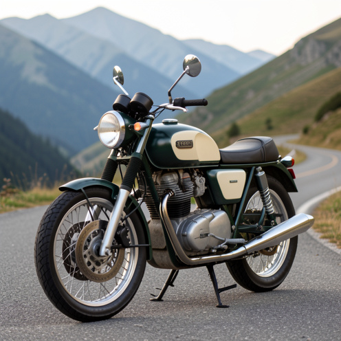 Moto néo-rétro aux couleurs vert foncé et crème stationnée sur une route de montagne paisible.