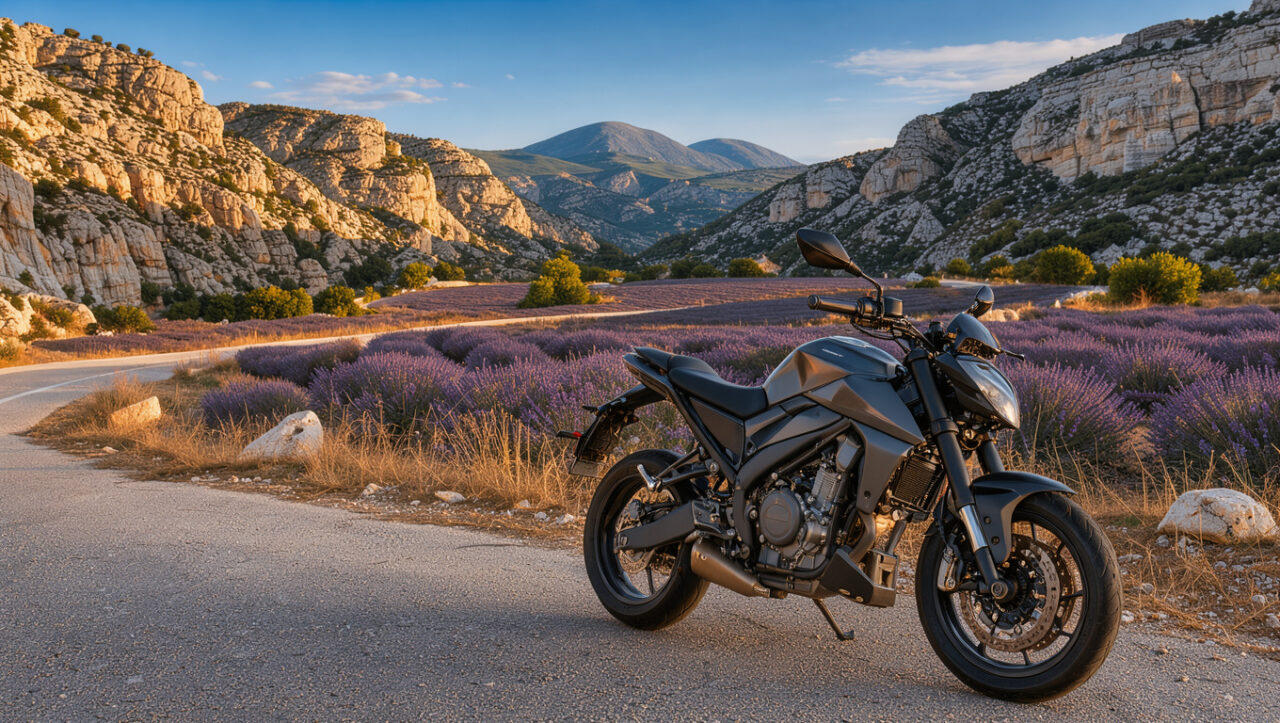 Moto roadster sportive garée au bord d’une route sinueuse en Provence, entre gorges calcaires, champs de lavande et mont Ventoux.