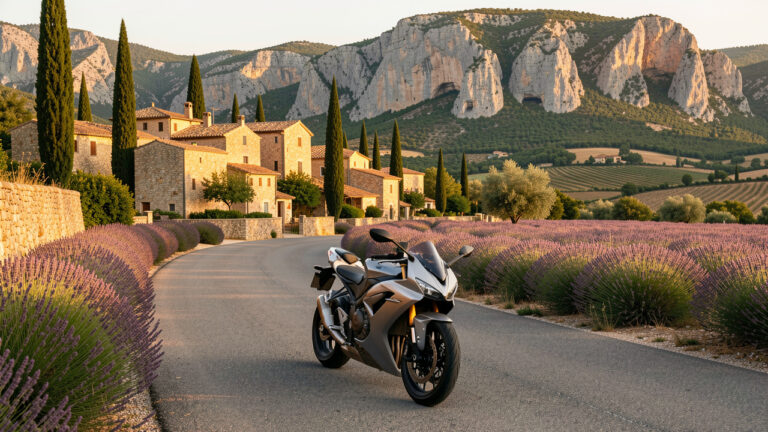 Une moto roadster parcourt une route sinueuse du Luberon entre champs de lavande, collines calcaires et villages perchés de Provence.