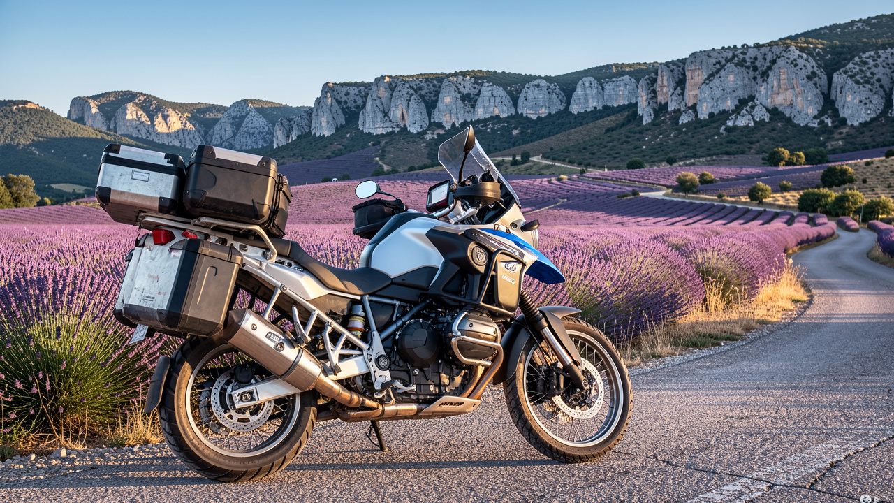 Moto de voyage haut de gamme stationnée sur une route sinueuse au milieu des champs de lavande et des collines de Provence.