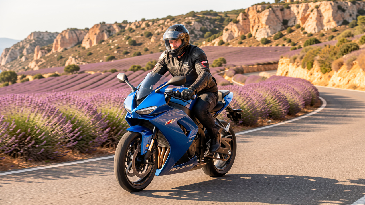 Moto sportive bleue conduite par un homme expérimenté sur une route sinueuse de Provence, entre champs de lavande et collines méditerranéennes.