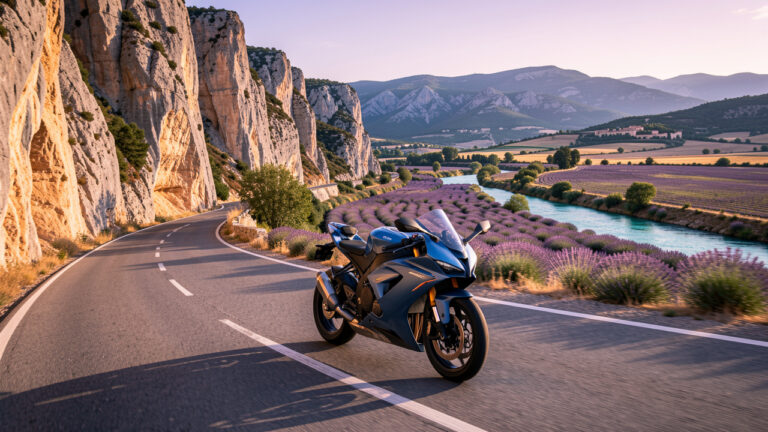 Moto sportive sur une route sinueuse de Provence, entre les falaises des Gorges du Verdon et les paysages vallonnés du Luberon.