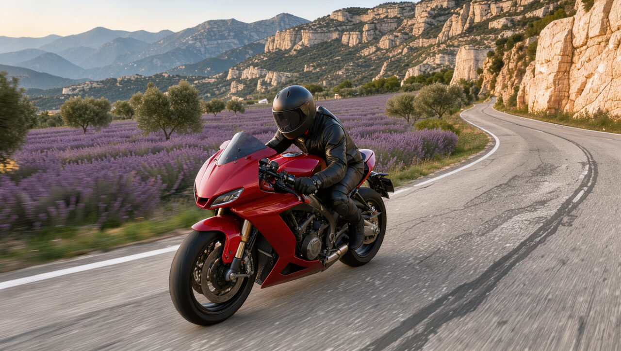Moto sportive rouge parcourant une route sinueuse entre les champs de lavande et les paysages montagneux de Provence.