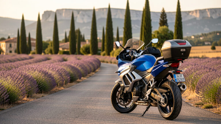 Moto de tourisme moderne garée près d’une route sinueuse au milieu des paysages provençaux, avec des champs de lavande et les collines d’Aix-en-Provence en arrière-plan.