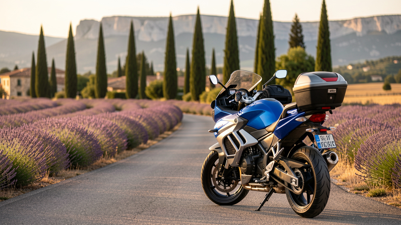 Moto de tourisme moderne garée près d’une route sinueuse au milieu des paysages provençaux, avec des champs de lavande et les collines d’Aix-en-Provence en arrière-plan.