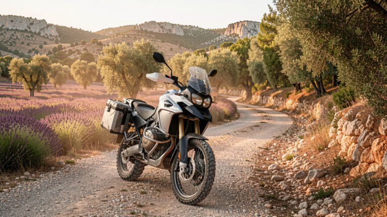 Moto trail garée entre une route sinueuse et une piste rocailleuse au cœur des paysages de Provence.