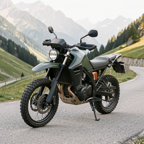 Moto trail légère stationnée sur une route de montagne dans un paysage alpin