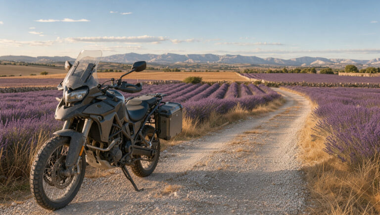 Moto trail stationnée près d’une piste de gravier accessible, au milieu des champs de lavande et des paysages colorés de Provence.