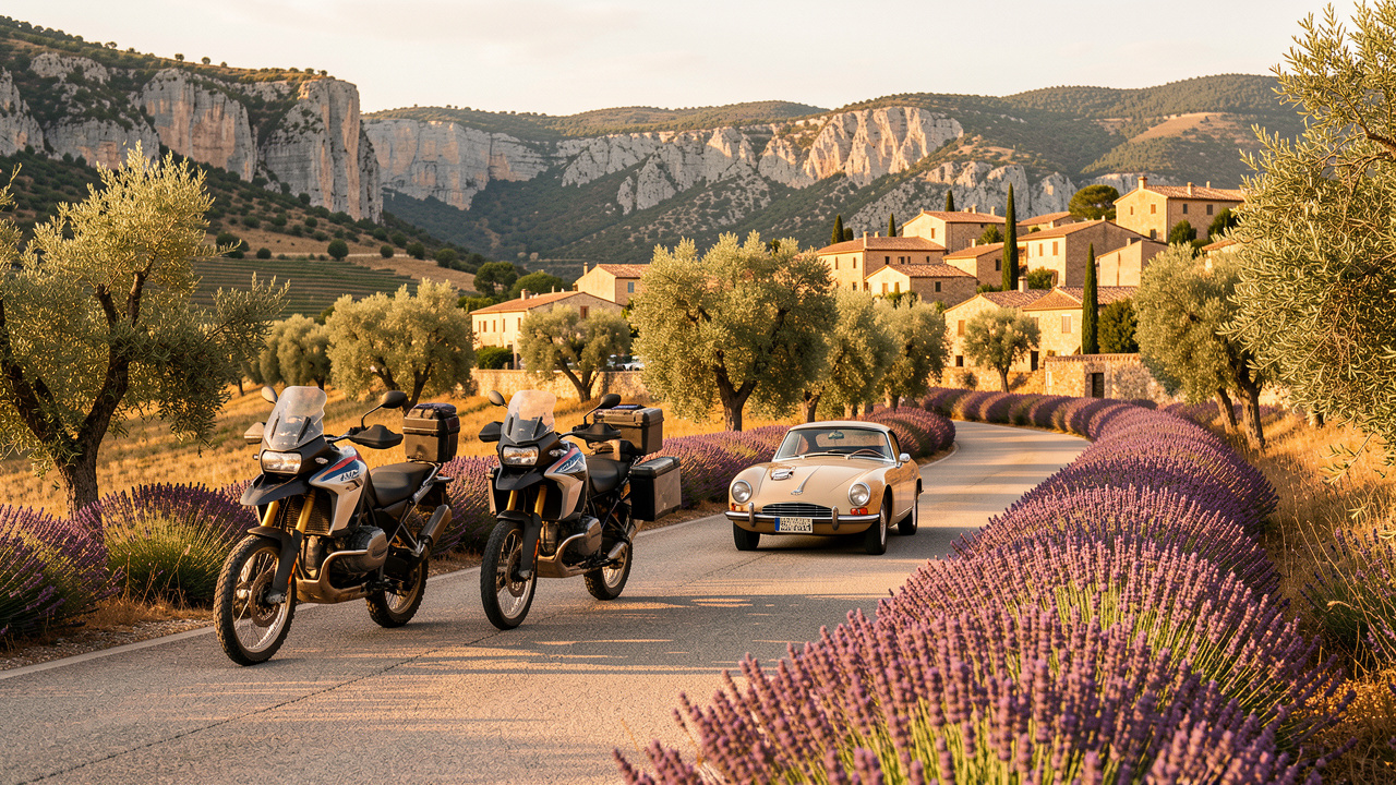 Trois motos de styles différents parcourent une route sinueuse au cœur des paysages provençaux, entre champs de lavande, oliviers et villages dorés.