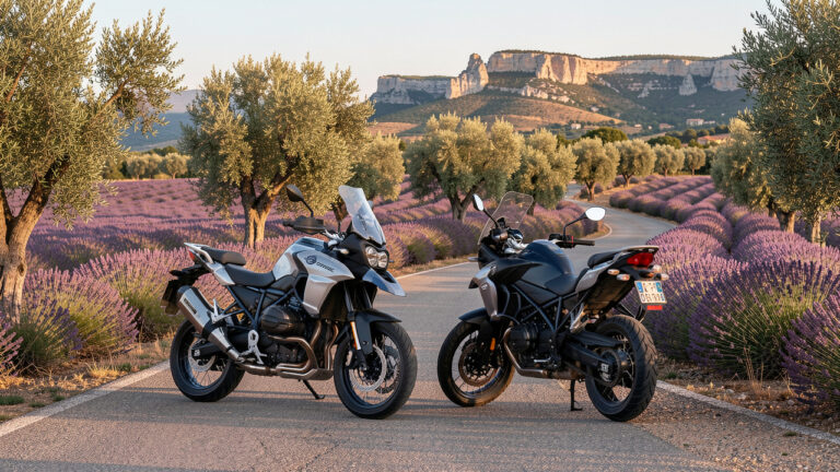 Deux motos de moyenne cylindrée garées sur une route sinueuse au milieu des champs de lavande et des collines provençales près d’Aix-en-Provence.