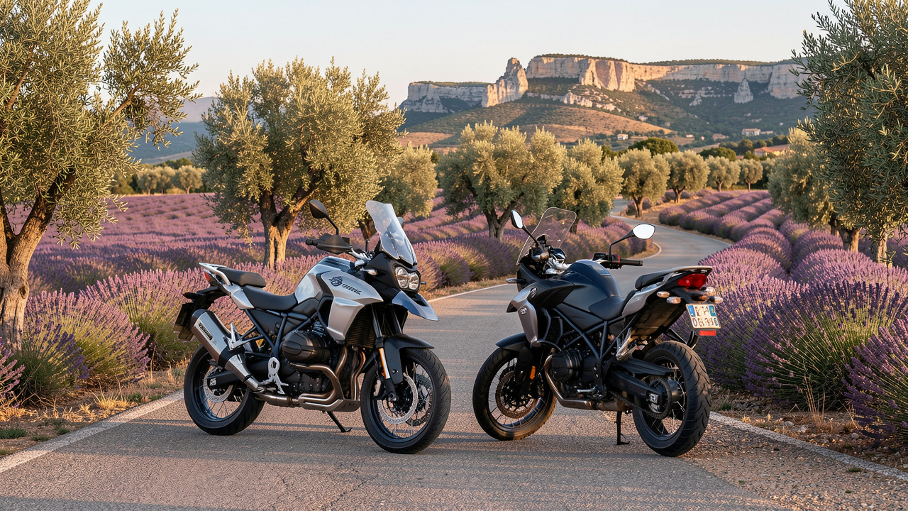 Deux motos de moyenne cylindrée garées sur une route sinueuse au milieu des champs de lavande et des collines provençales près d’Aix-en-Provence.