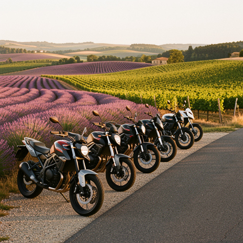 Plusieurs motos modernes garées au bord d’une route provençale, entourées de champs de lavande et de vignobles baignés par la lumière dorée.
