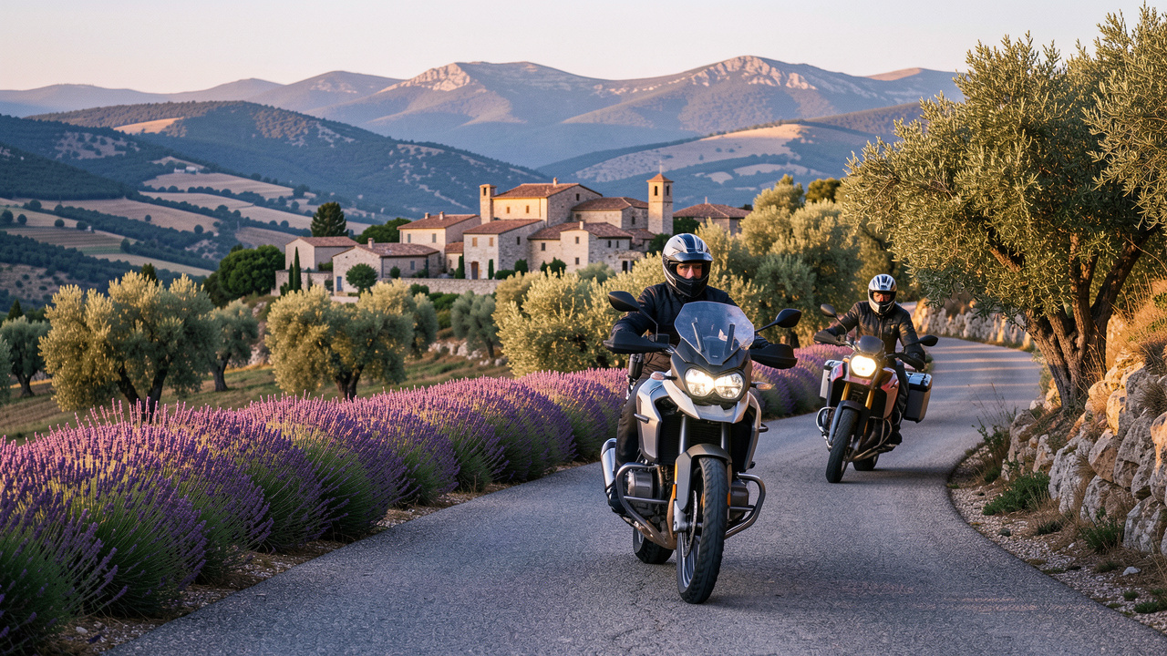 Deux motos de tourisme parcourent une route sinueuse au milieu des champs de lavande et des paysages ensoleillés de Provence.