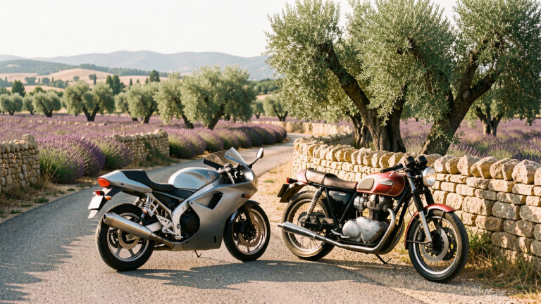 Deux motos, un roadster moderne et une moto classique, stationnées sur une route sinueuse au milieu des paysages provençaux.