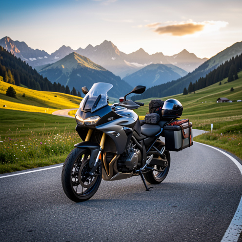 Moto de tourisme moderne roulant sur une route sinueuse au milieu de paysages alpins, dans une lumière dorée du matin.