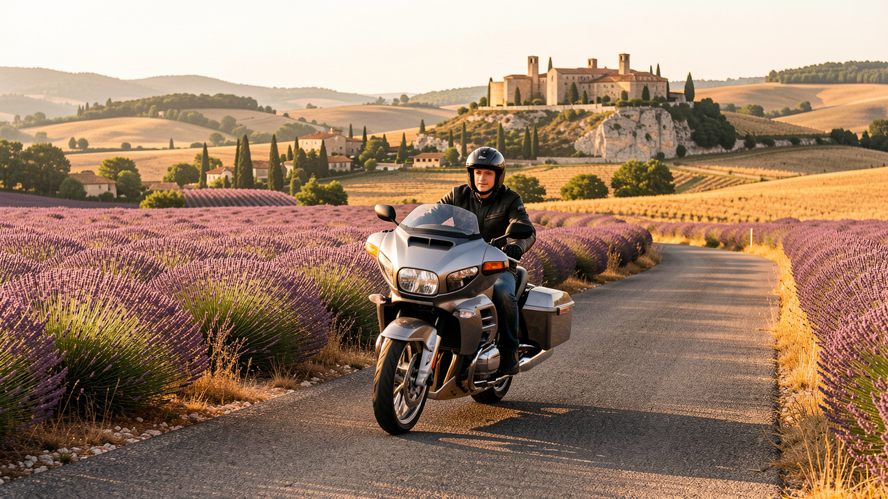 Jeune homme à moto parcourant une route sinueuse entre les champs de lavande et les collines provençales près d’Avignon.