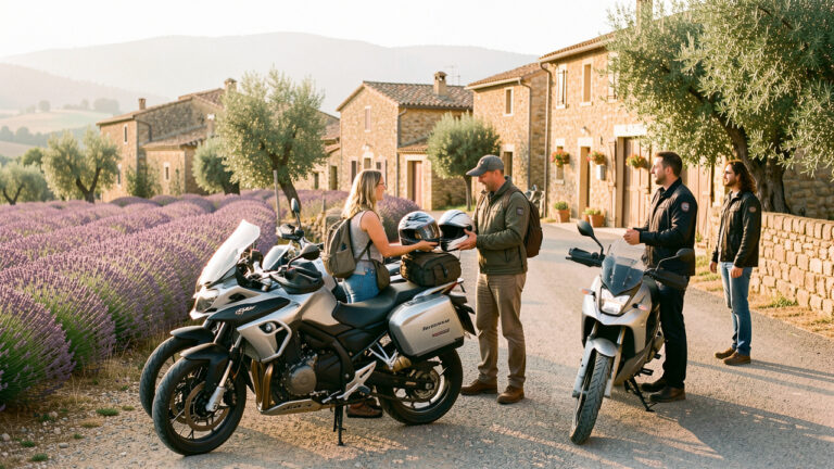 Des voyageurs, un loueur et des motards locaux échangent autour de motos de tourisme dans un village provençal entouré de lavandes et d’oliviers.