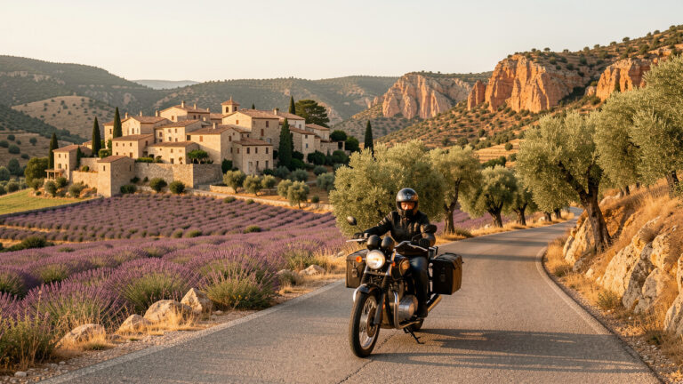 Une moto parcourt une route panoramique sinueuse du Luberon, entre villages perchés en pierre, champs de lavande, oliviers et collines ocre.