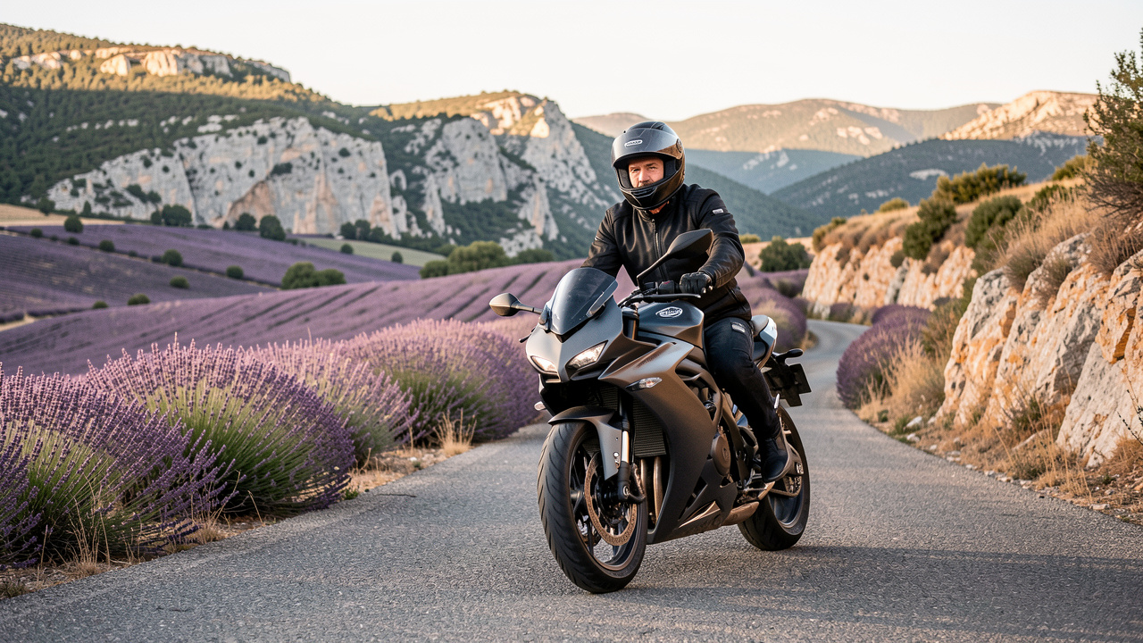Moto sportive moderne parcourant une route sinueuse au milieu des paysages de Provence, entre champs de lavande et collines calcaires.
