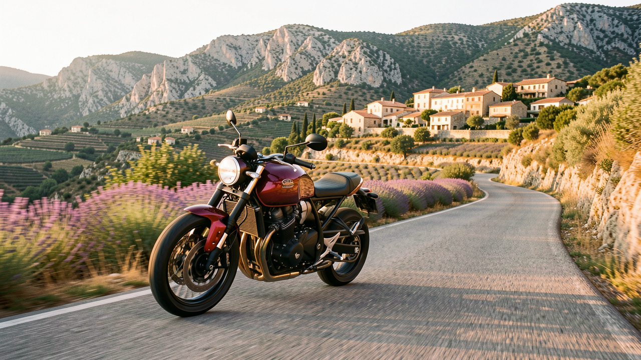 Moto de route moderne parcourant une route sinueuse en Provence, avec des champs de lavande, des collines calcaires et des villages perchés baignés par la lumière de fin d’après-midi.