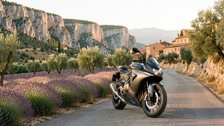 Moto roadster moderne parcourant une route sinueuse au cœur du Luberon, entre champs de lavande, oliviers et villages provençaux aux façades ocre.