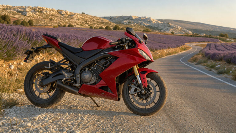 Moto sportive rouge de grosse cylindrée stationnée sur une route sinueuse au milieu des paysages provençaux.