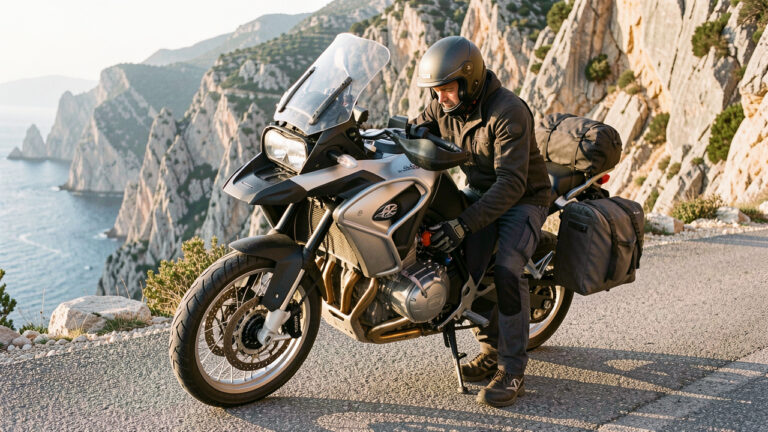 Un motard équipé vérifie soigneusement les pneus, les freins, les feux, la chaîne et les bagages de sa moto avant de partir sur une route montagneuse en Corse.