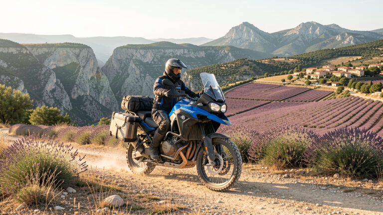 Moto d’aventure Yamaha Ténéré 700 roulant sur une piste provençale entre les paysages du Verdon, du Luberon et du mont Ventoux.